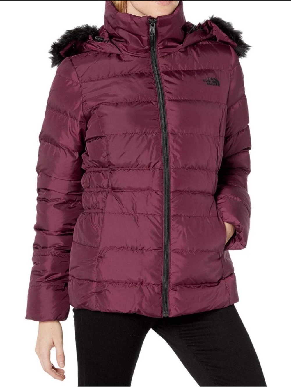The North Face Gotham II Garnet Red Puffer Jacket w/ Black Faux Fur Trim Hood S
